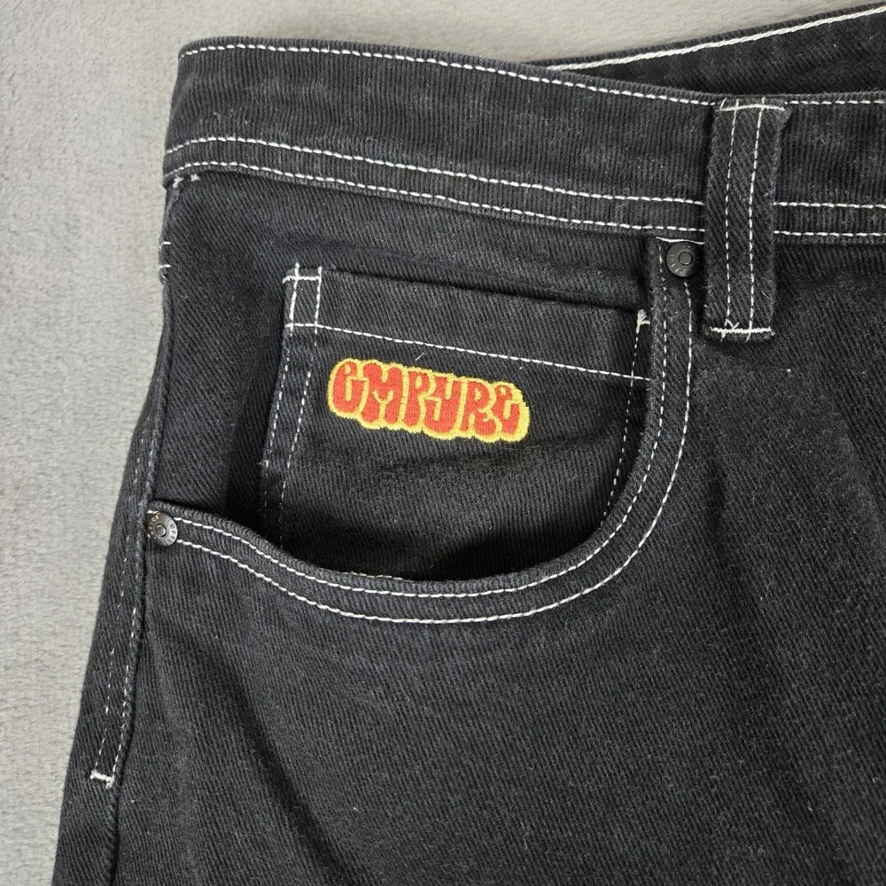 Empyre Denim Jeans Mens 36x30‎ Black Baggy Wide Leg Grunge Embroidered Y2K